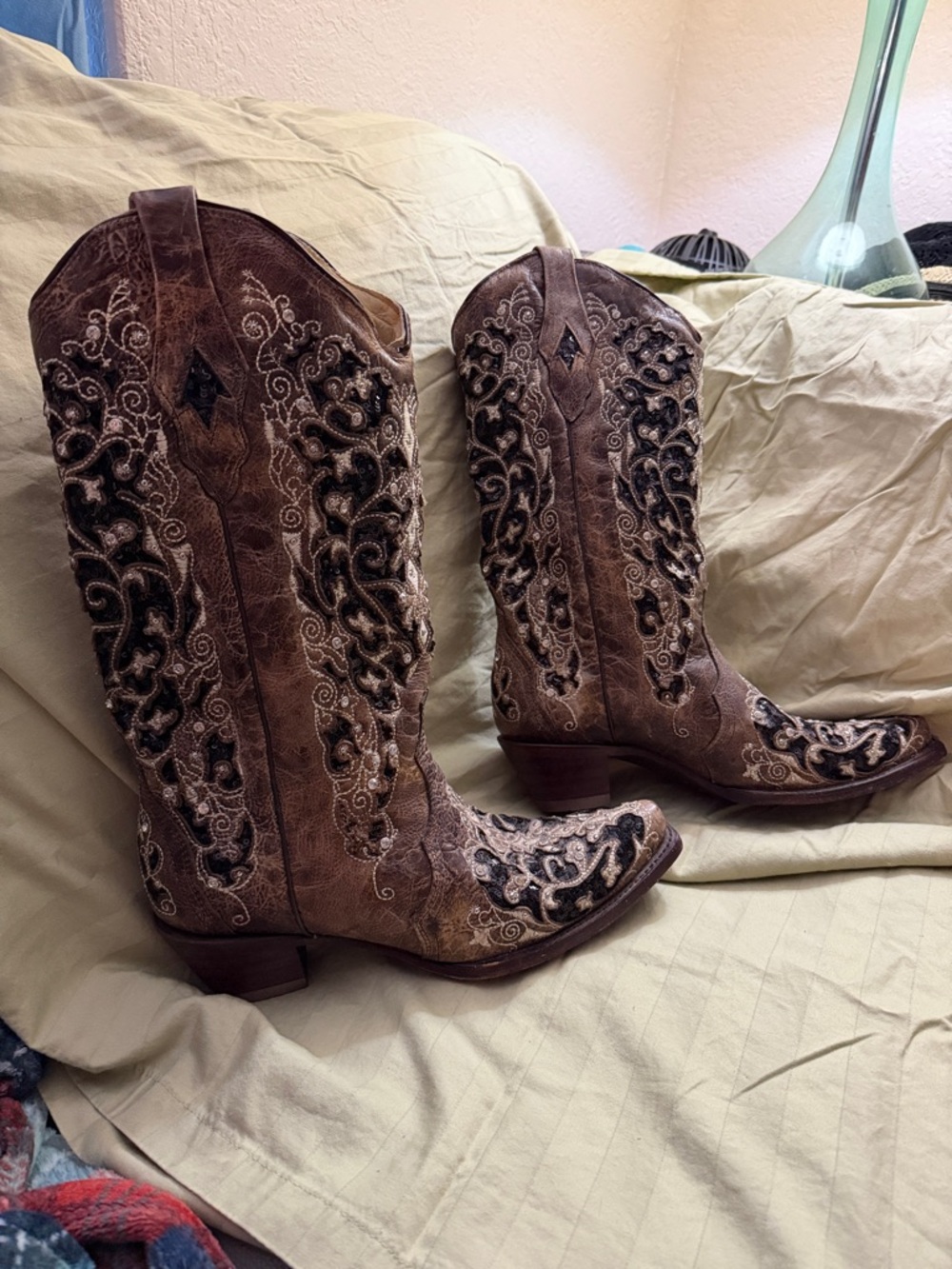Embroidered Brown Western Heeled Boots - Women